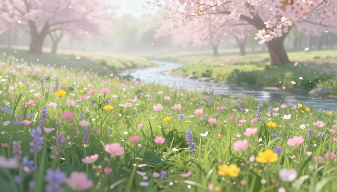 A breathtaking landscape featuring a lush green meadow fille...