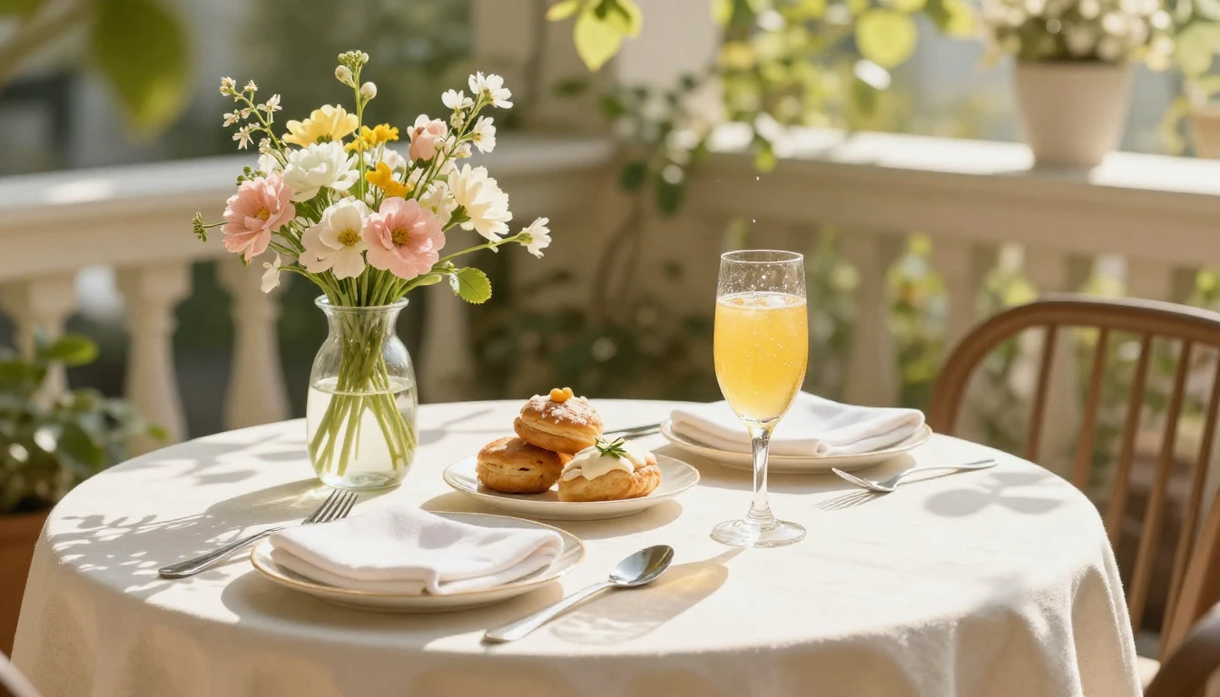 A beautifully set brunch table on a sun-drenched terrace. Th...