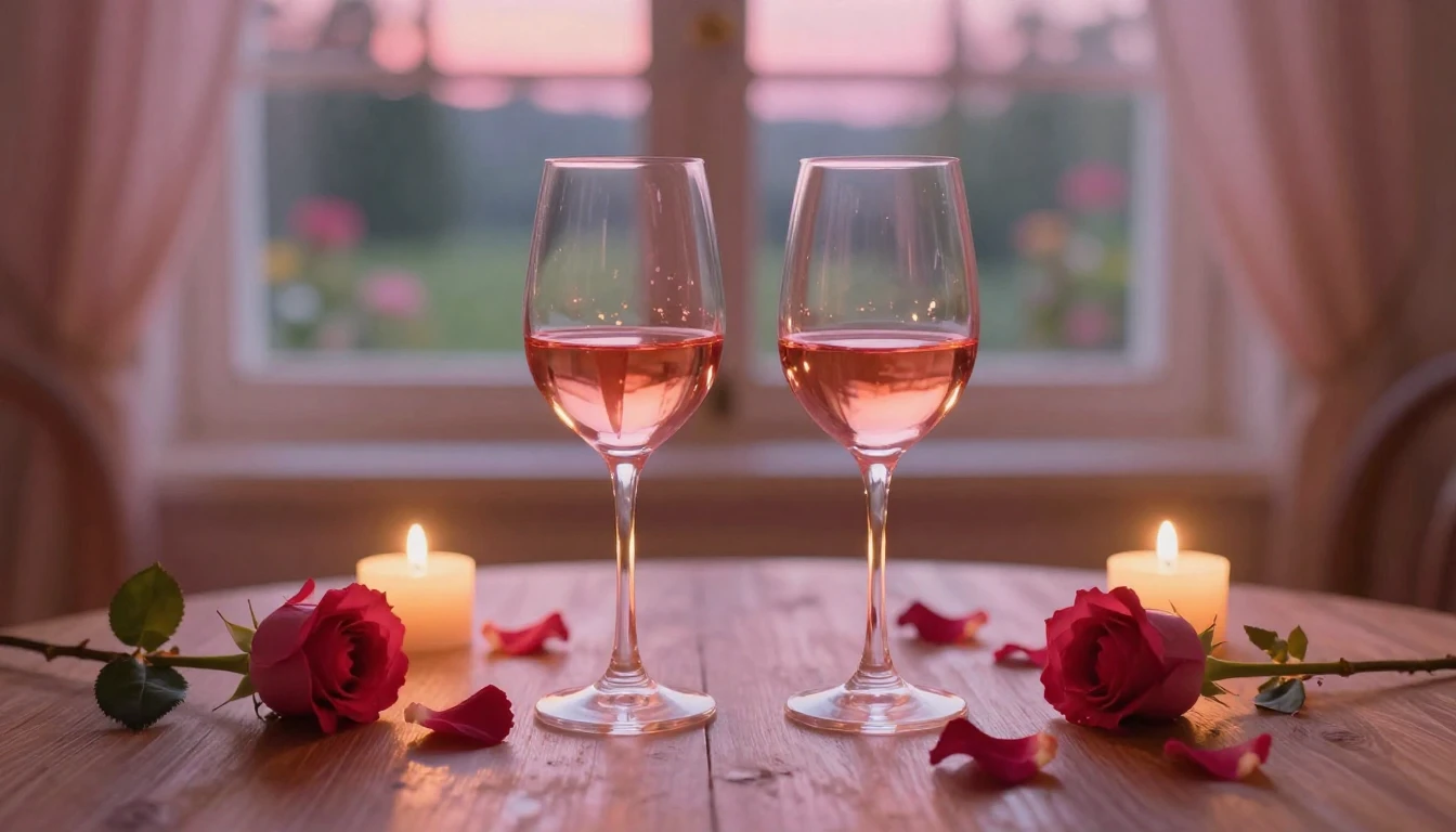 A dreamy and romantic scene featuring two elegant wine glass...