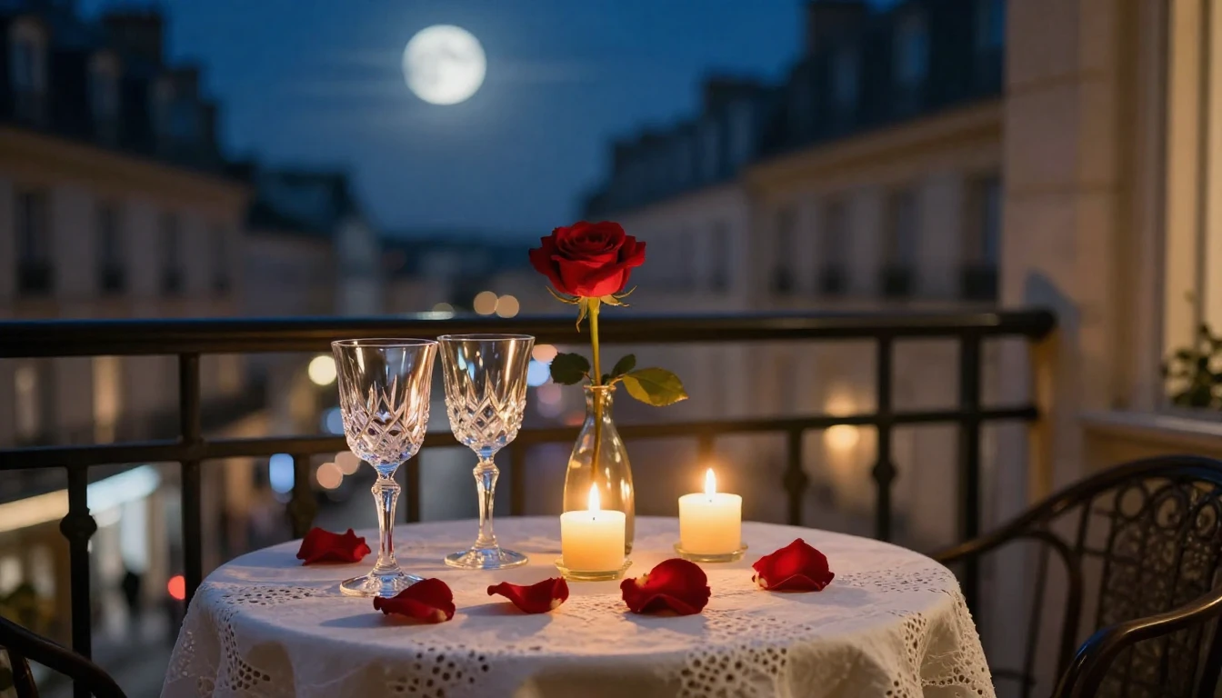 A breathtakingly romantic scene featuring a small table set ...