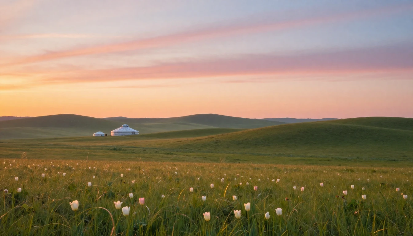 A serene landscape of the Kazakh steppe during a golden sunr...