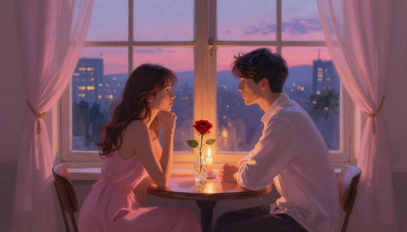 A romantic and dreamy scene depicting a couple sitting at a ...