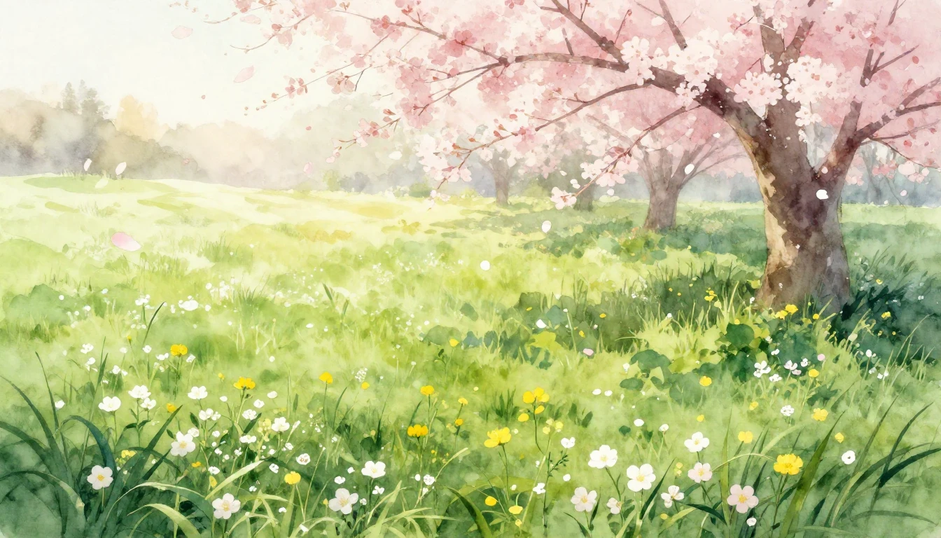 A soft watercolor painting of a lush green meadow transition...