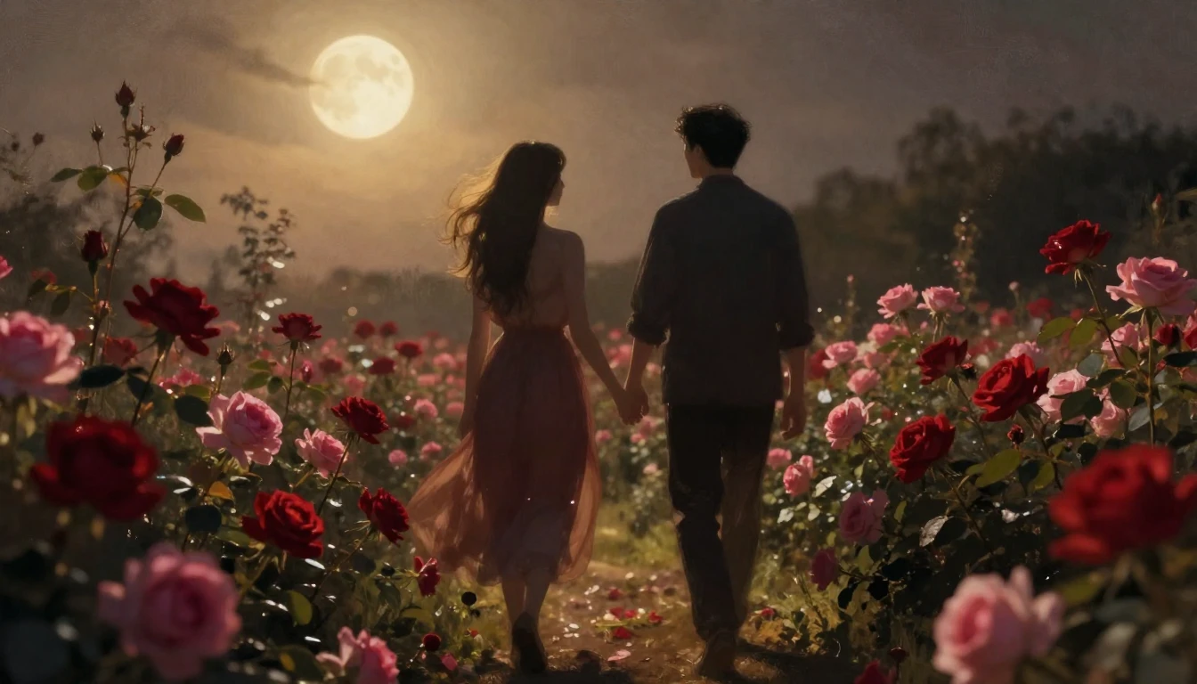 A dreamy and romantic scene featuring two silhouettes walkin...