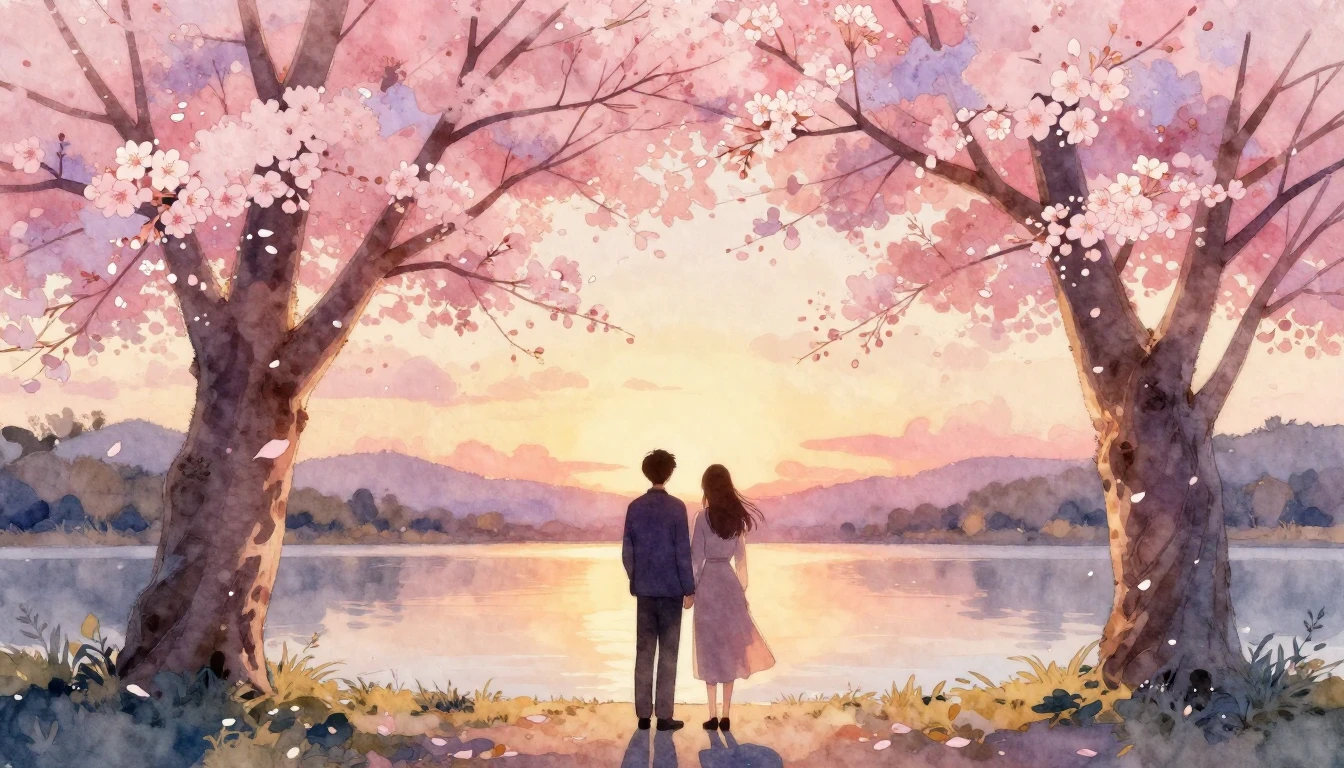 A beautiful watercolor painting of two silhouettes standing ...