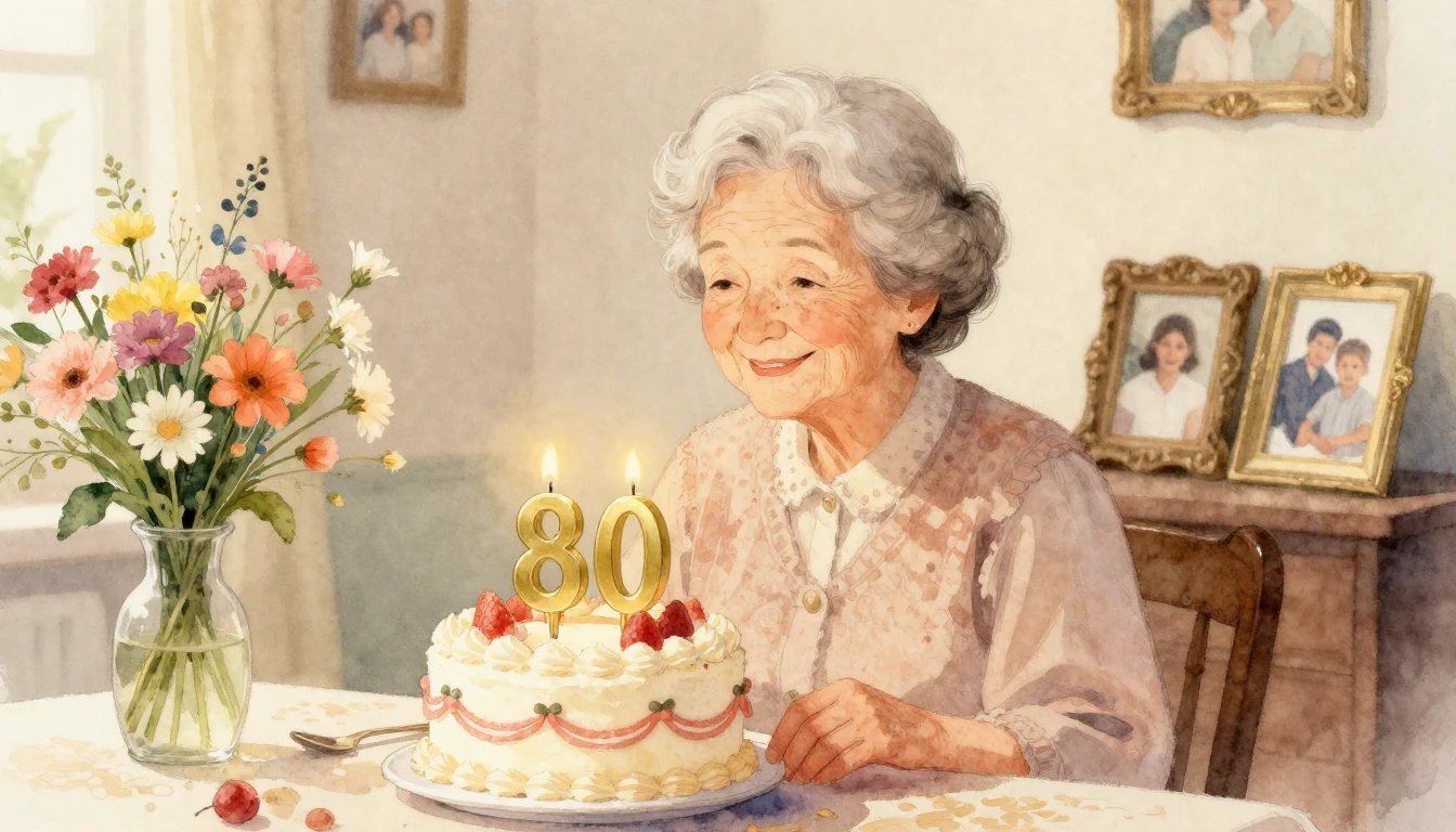 A heartwarming watercolor painting of an elegant elderly gra...