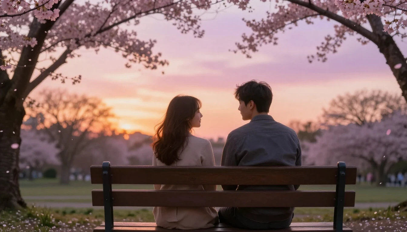 A romantic scene featuring a couple sitting on a wooden benc...