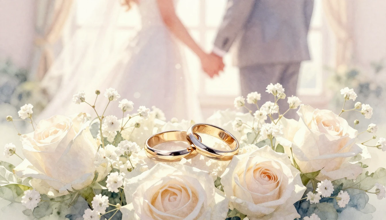 A soft and romantic watercolor painting depicting a pair of ...