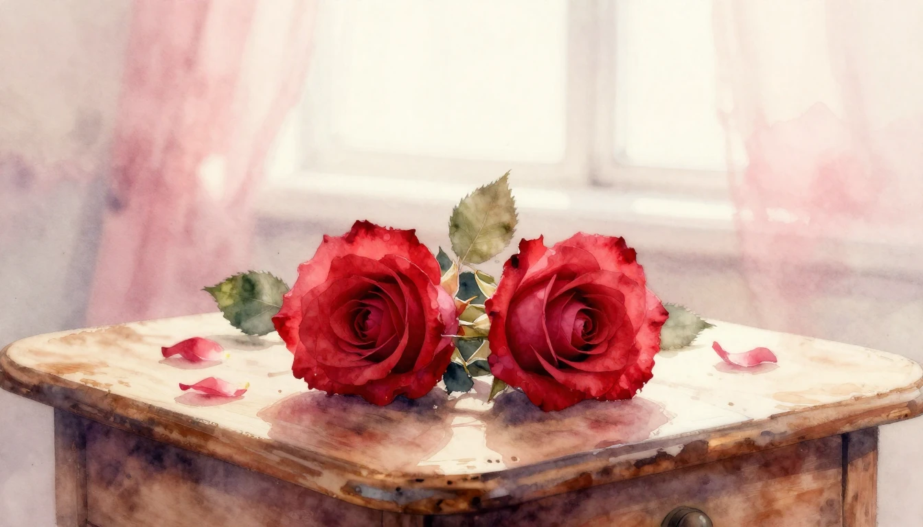 A delicate watercolor painting of two intertwined red roses ...