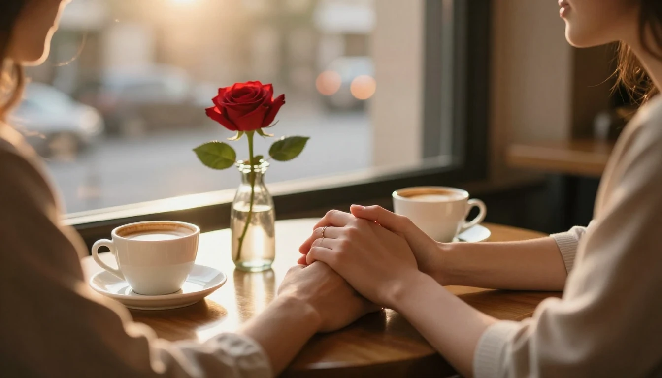 A warm and romantic close-up scene of a couple holding hands...