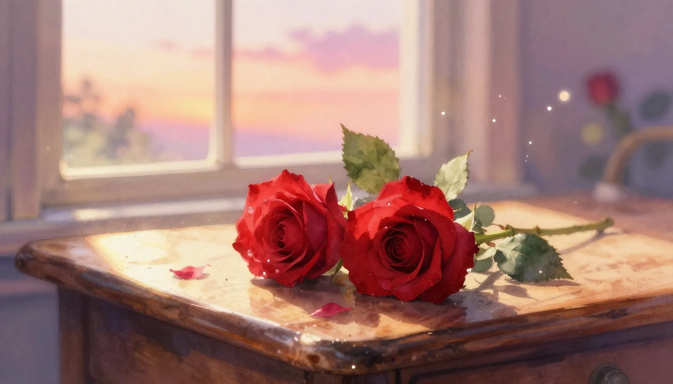 A delicate watercolor painting of two intertwined red roses ...