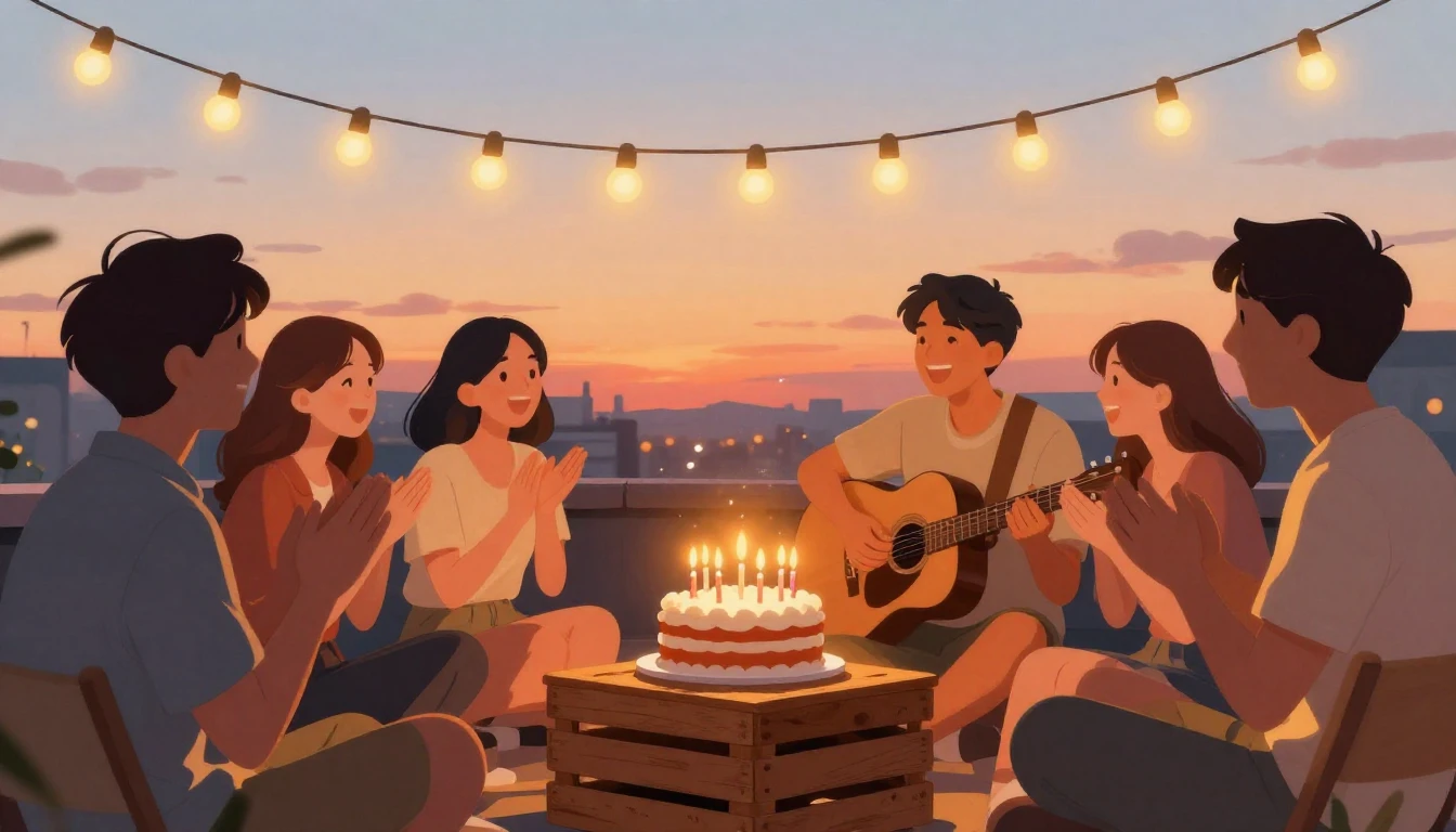 A warm and nostalgic illustration of a group of friends cele...