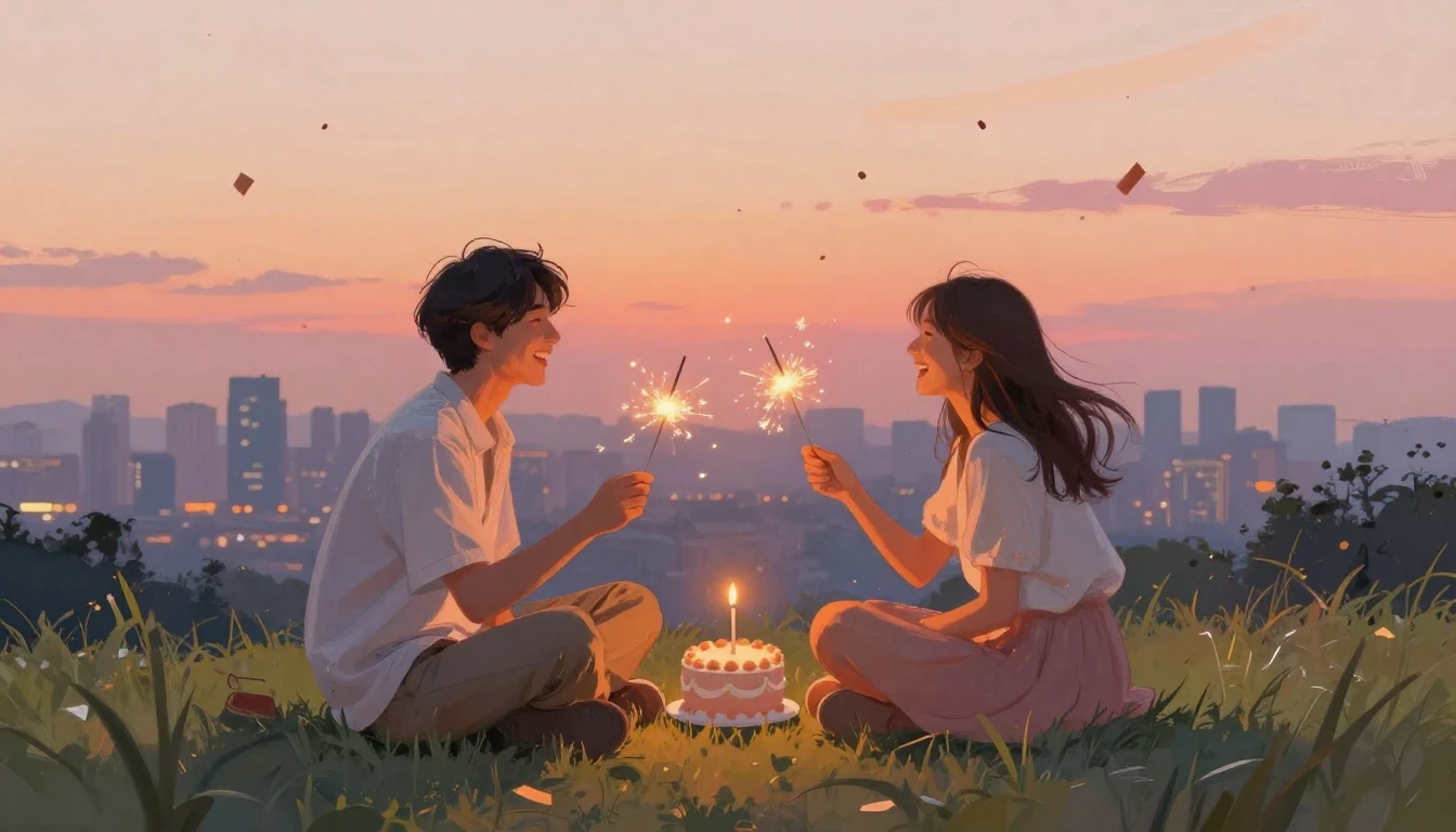 Two best friends sitting side by side on a grassy hill overl...