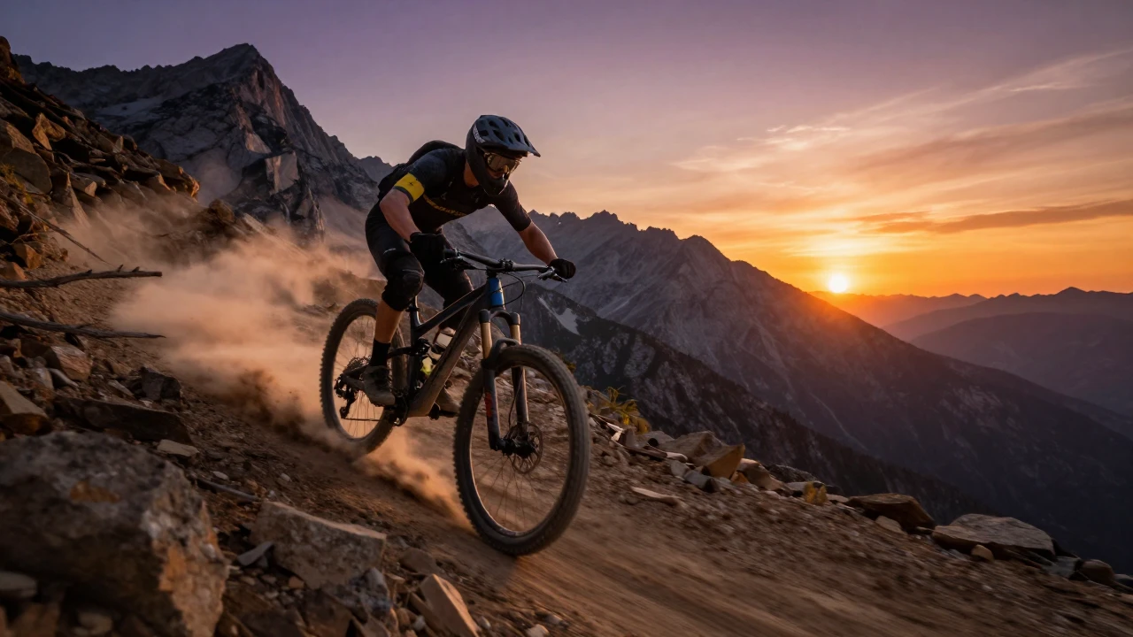 A dynamic wide-angle shot of mountain bikers racing down a s...