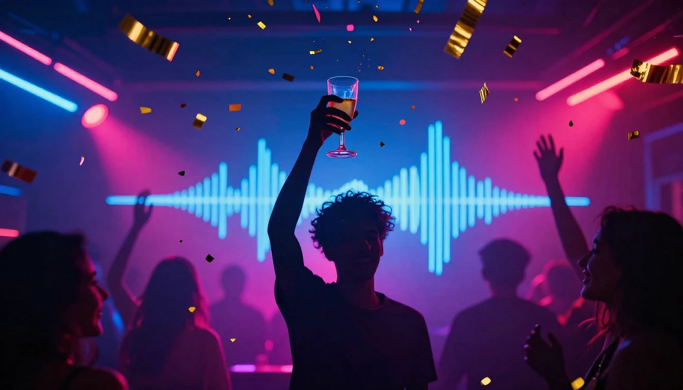 A vibrant and energetic party atmosphere, neon lights glowin...