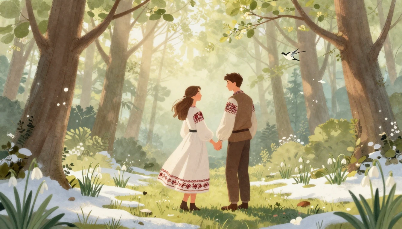 A romantic illustration of a young couple holding hands in a...