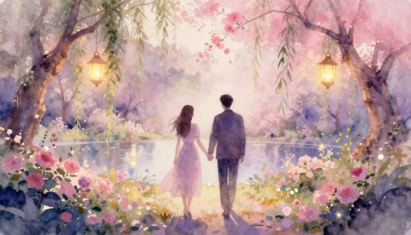 A soft and ethereal watercolor painting depicting two silhou...