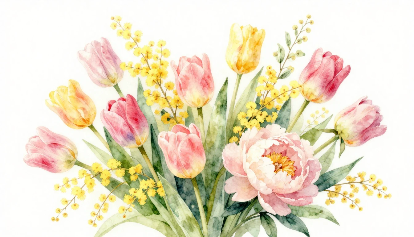 A delicate watercolor painting of a vibrant bouquet of sprin...