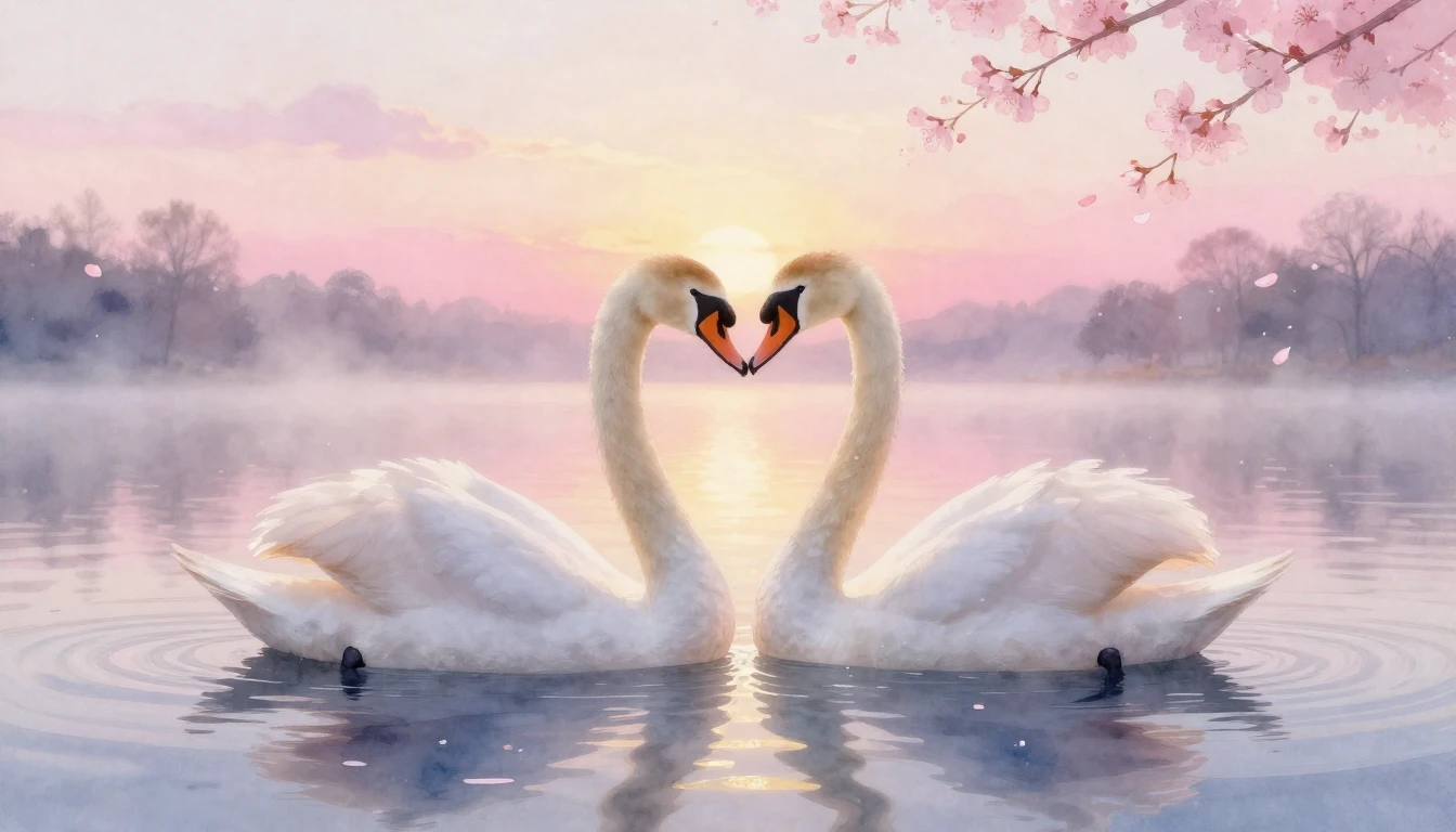 A dreamy watercolor painting of two elegant swans forming a ...