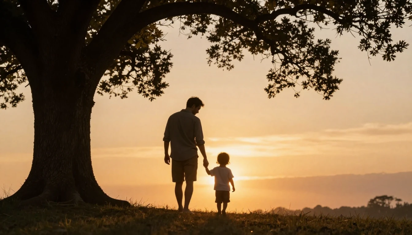 A heartwarming scene of a father and child walking hand in h...