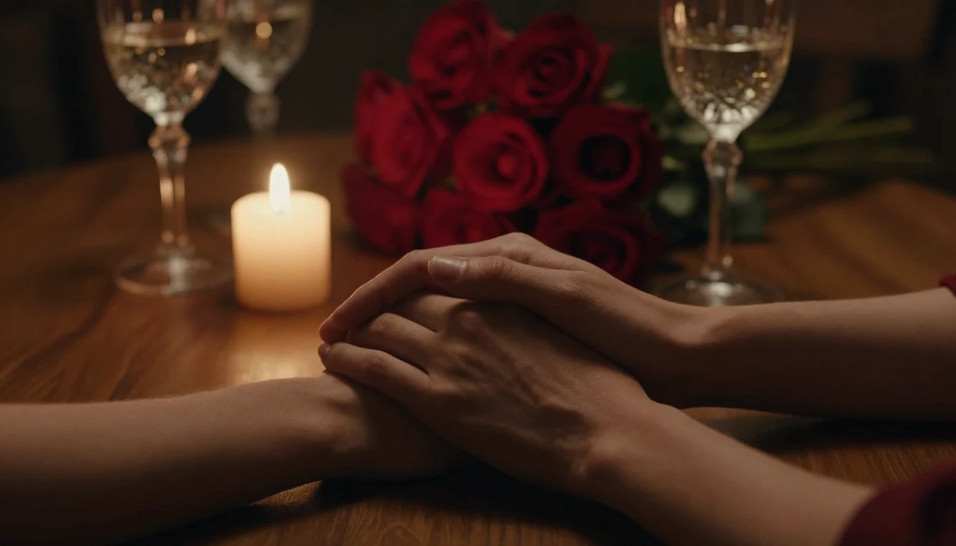 A close-up, cinematic shot of two hands gently intertwined r...