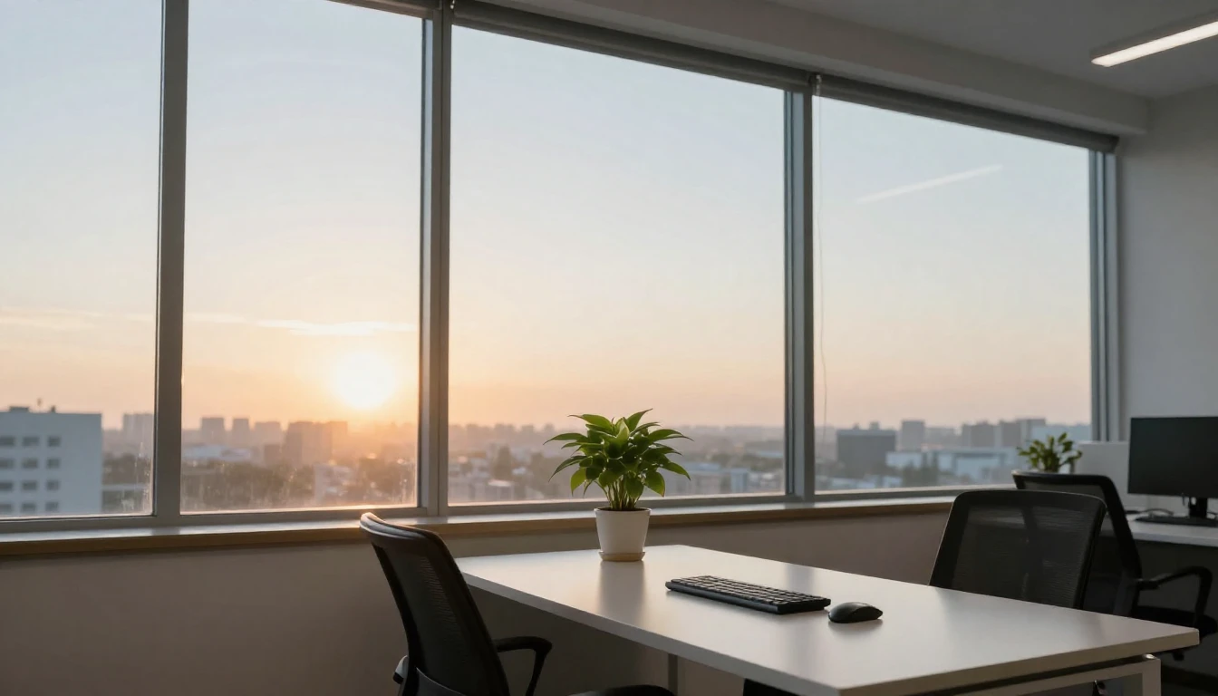 A wide-angle view of a clean, modern workspace overlooking a...