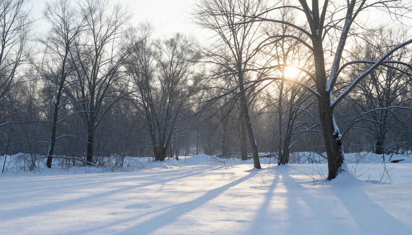 A serene winter landscape during a late February afternoon. ...