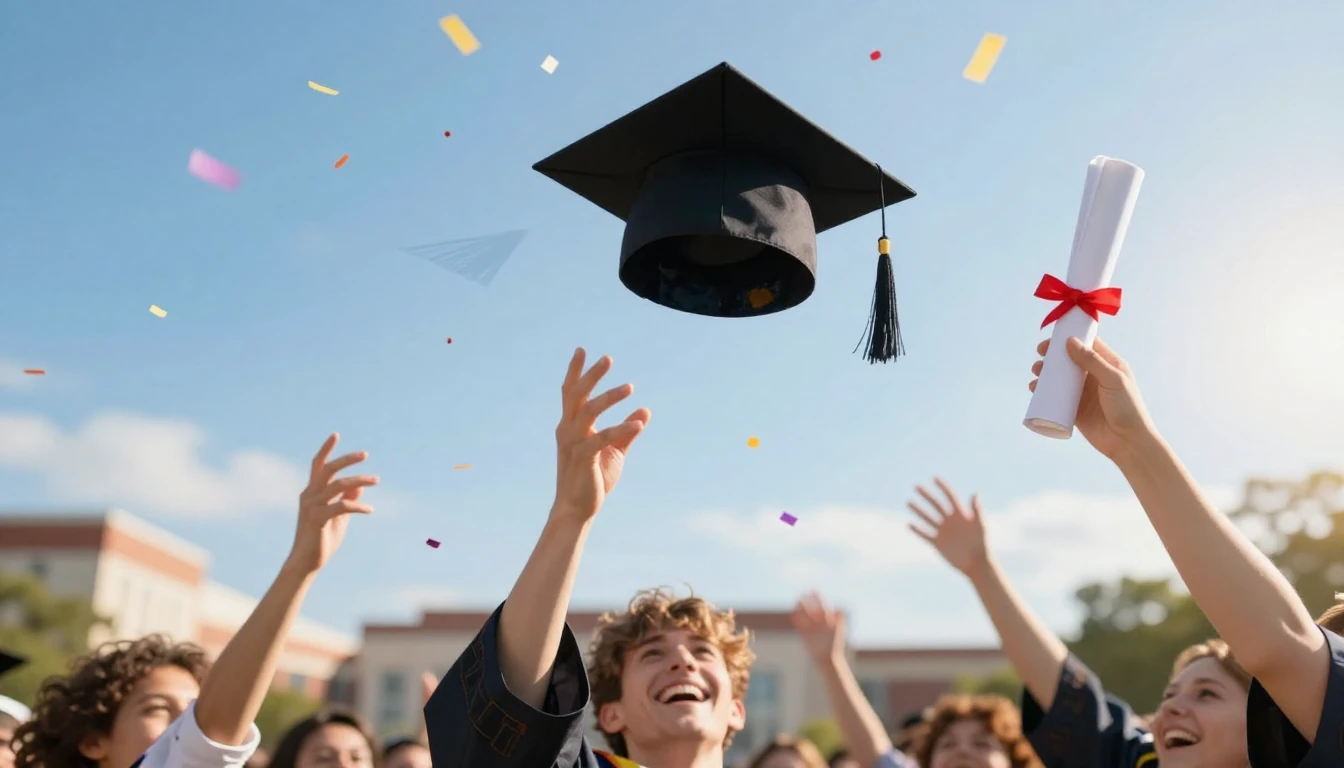 A joyful graduation celebration scene, a black graduation ca...