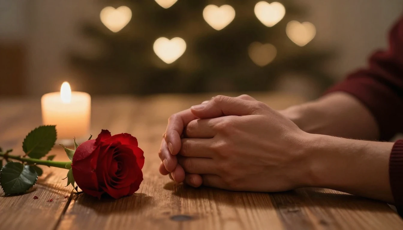 A warm and romantic Valentine's Day setting, close-up of two...