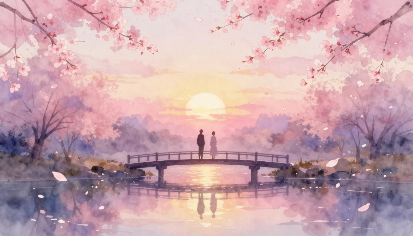 A dreamy and ethereal watercolor painting of two silhouettes...