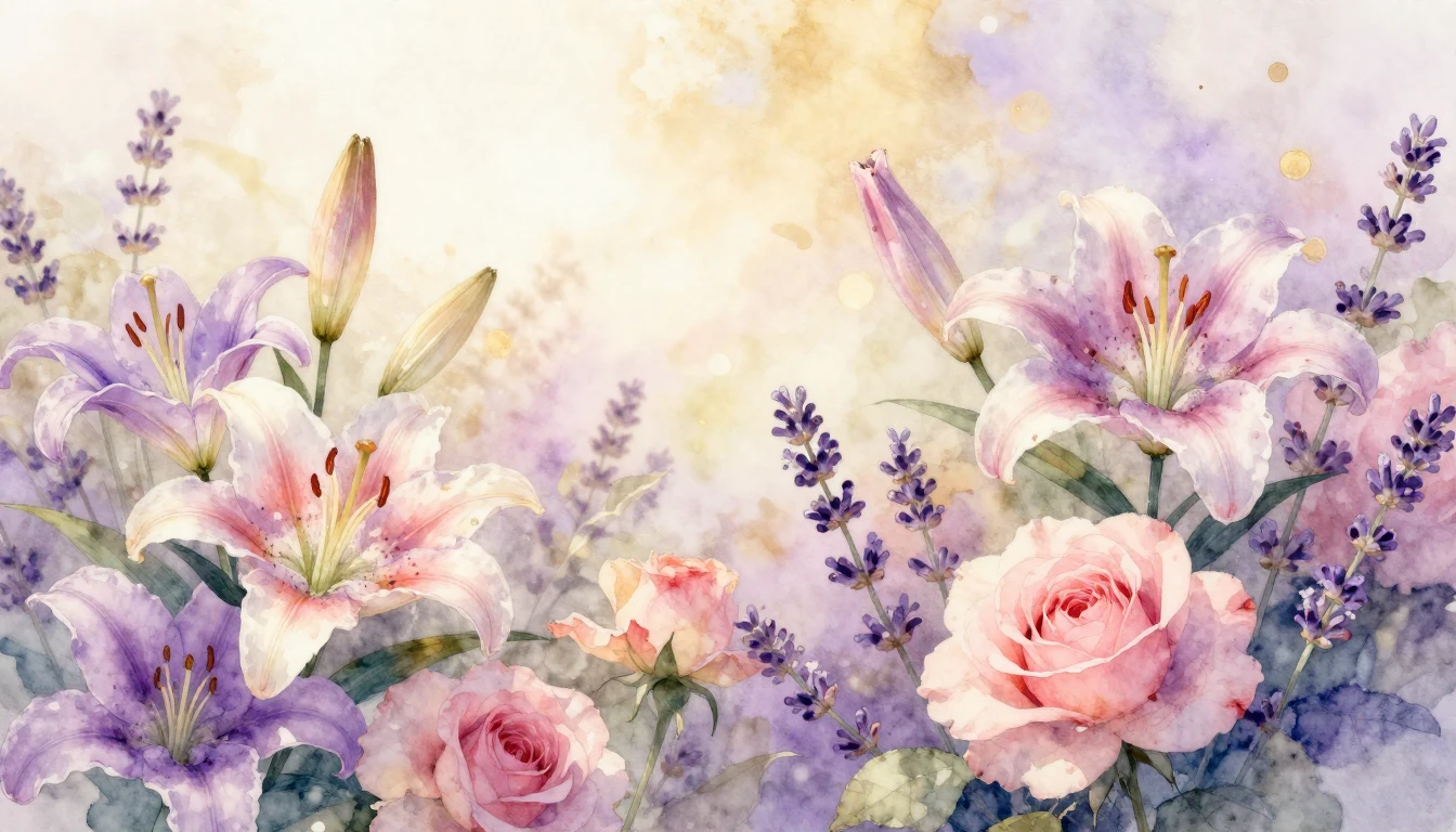 A delicate watercolor painting of a blooming garden with var...