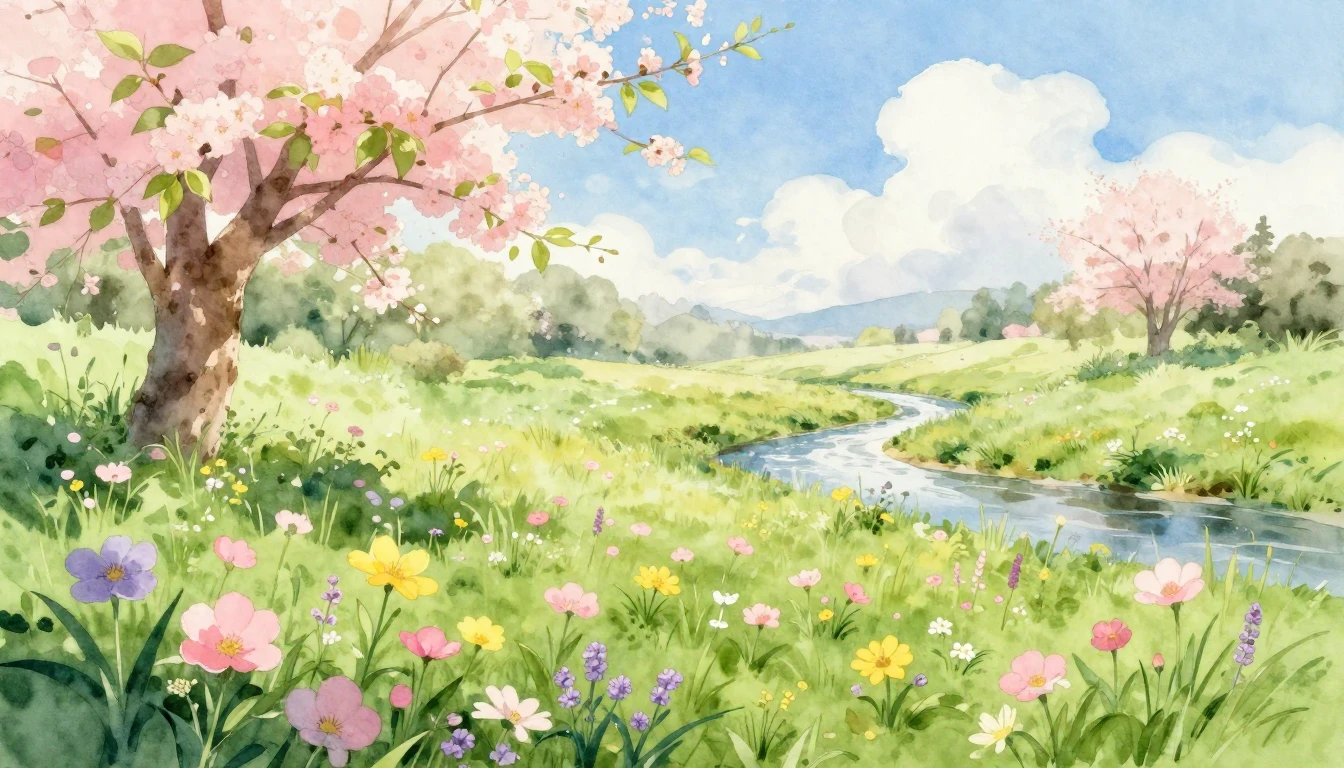A beautiful watercolor painting of a lush green meadow fille...