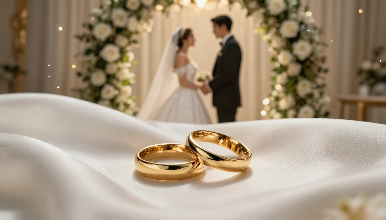 A cinematic close-up shot of two golden wedding rings restin...