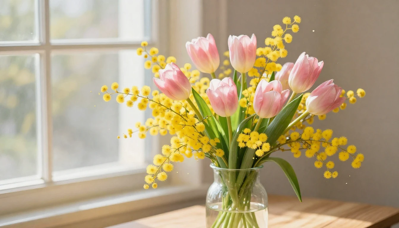 A delicate and vibrant bouquet featuring yellow mimosas and ...