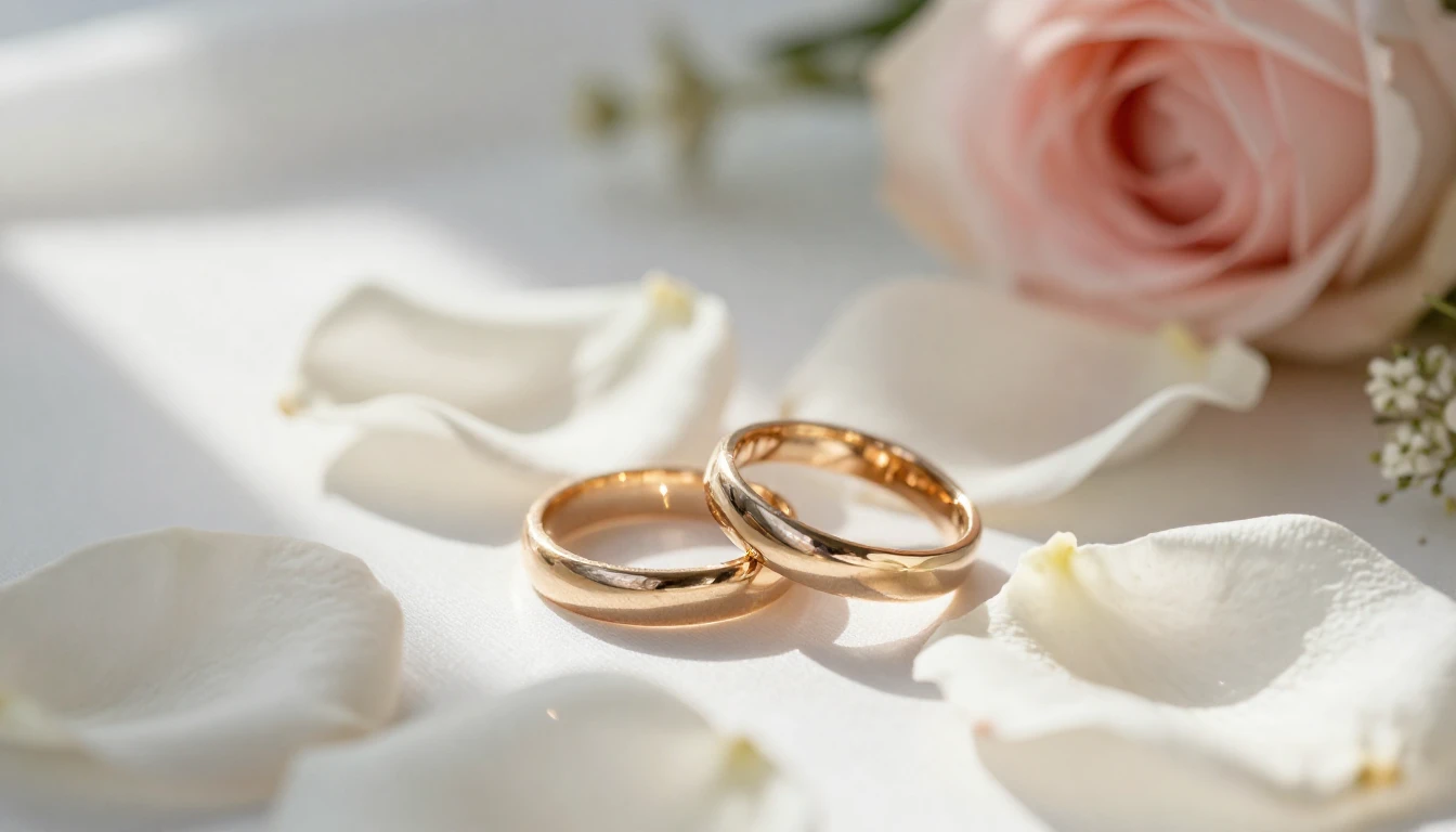 A romantic close-up scene featuring two golden wedding rings...