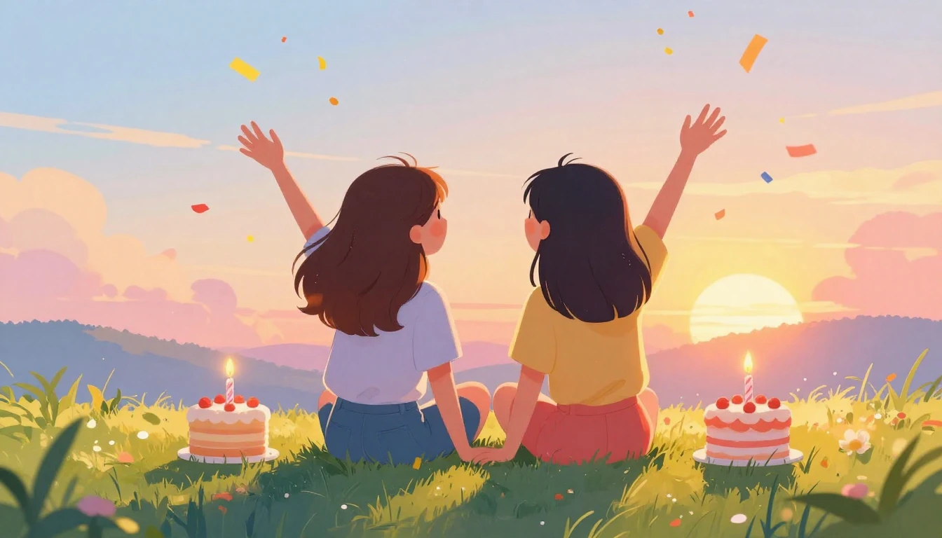 A vibrant and cheerful illustration of two best friends sitt...