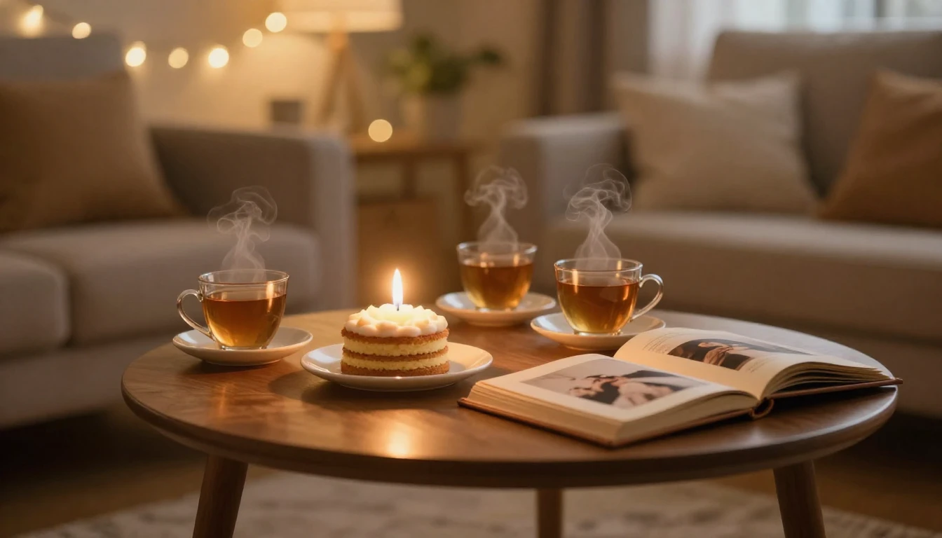 A cozy scene featuring a small wooden table with a single gl...