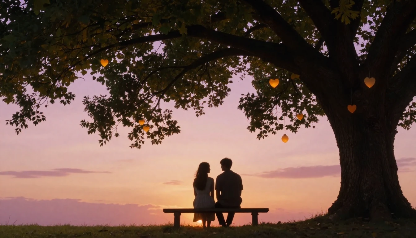 A romantic and dreamy scene featuring two silhouettes sittin...