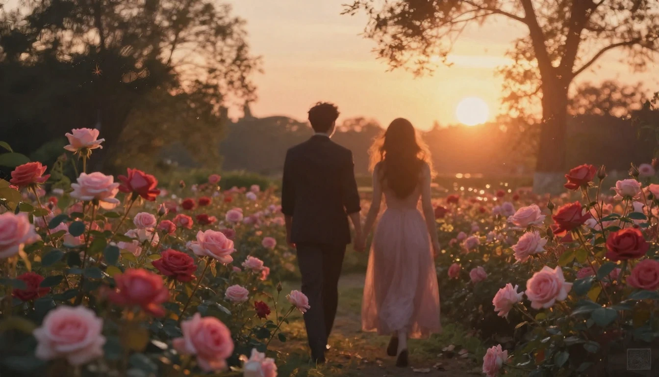 A dreamy and ethereal scene of two silhouettes walking throu...