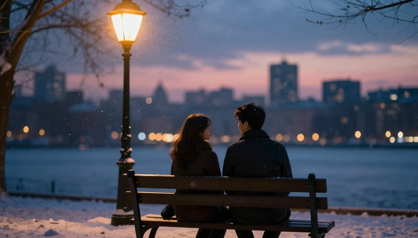 A romantic, soft composition showing two silhouettes sitting...