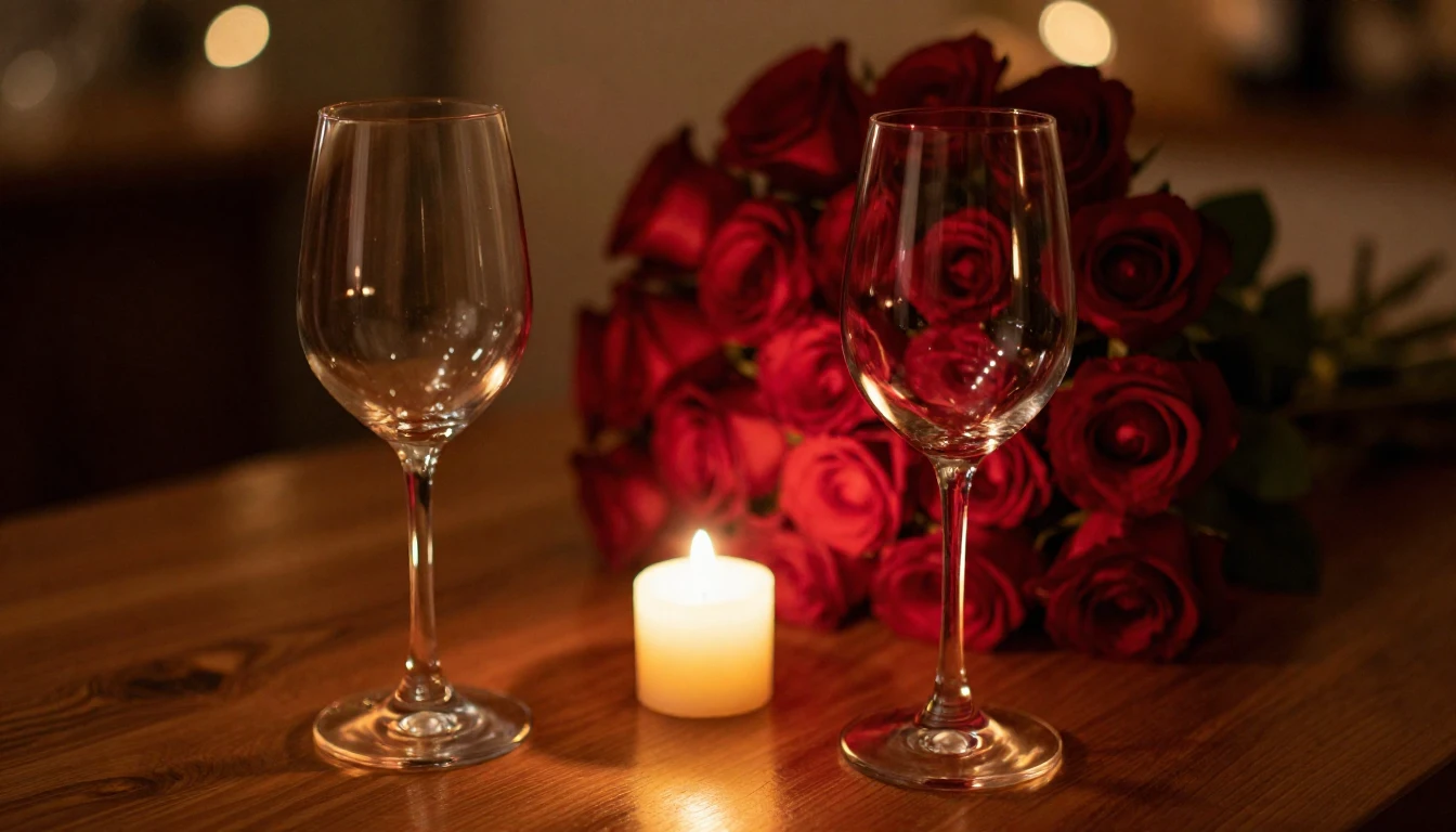 A close-up shot of two elegant wine glasses on a wooden tabl...