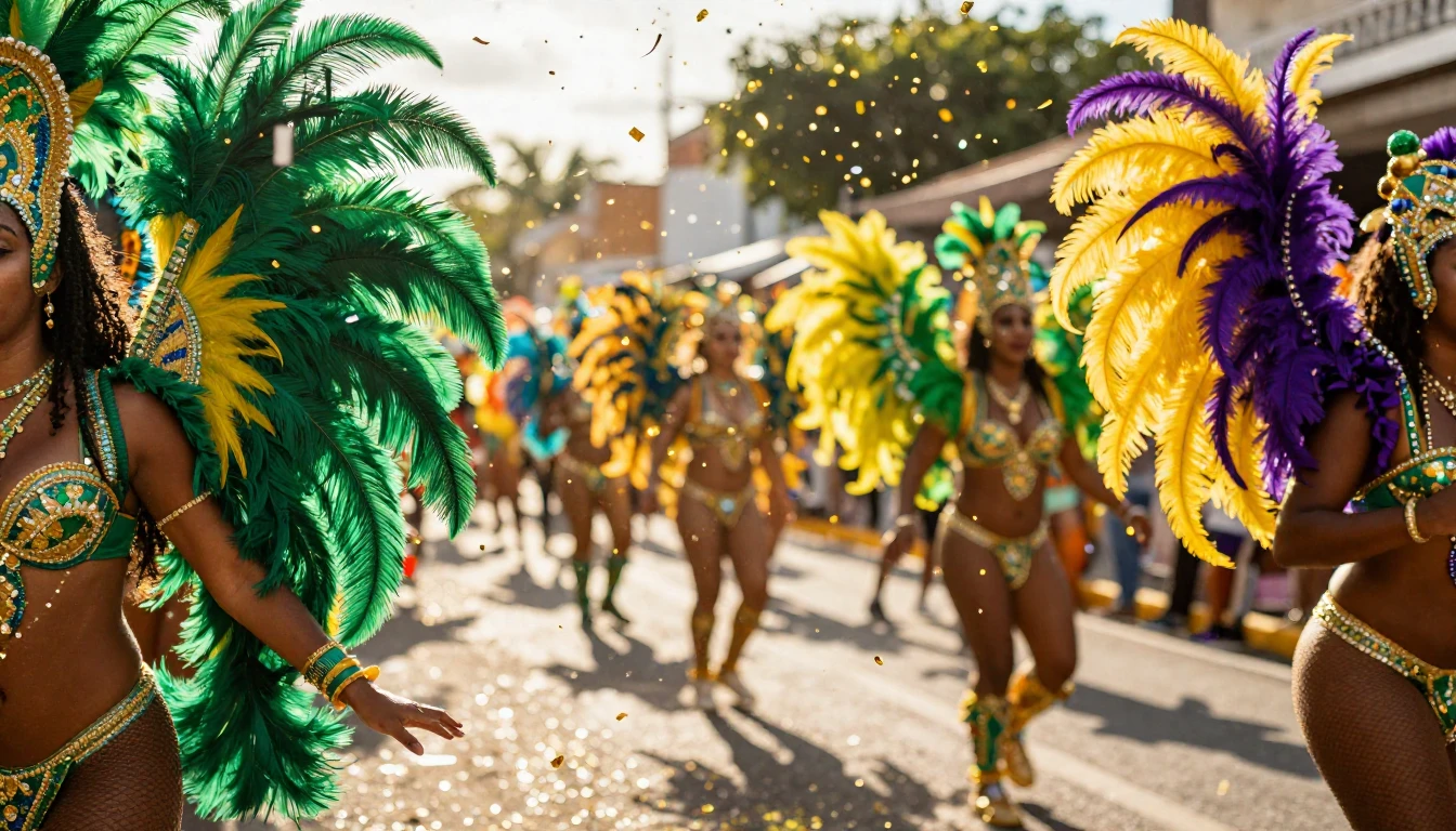 A vibrant and explosive scene of a Carnival festival. The im...