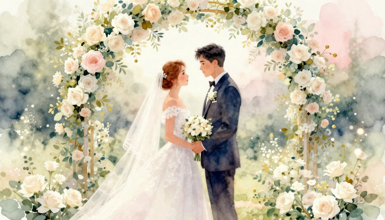 A romantic watercolor painting of a bride and groom standing...