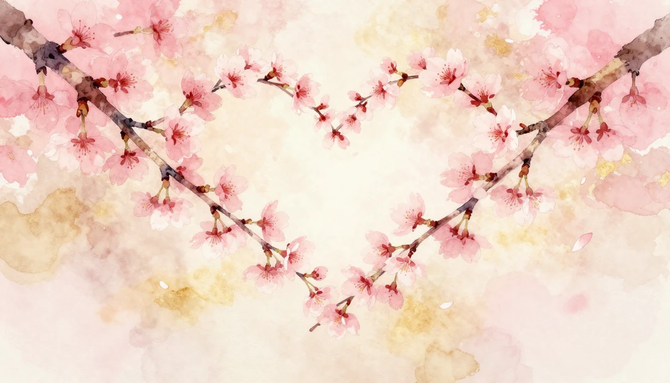 A delicate watercolor painting of two intertwined cherry blo...