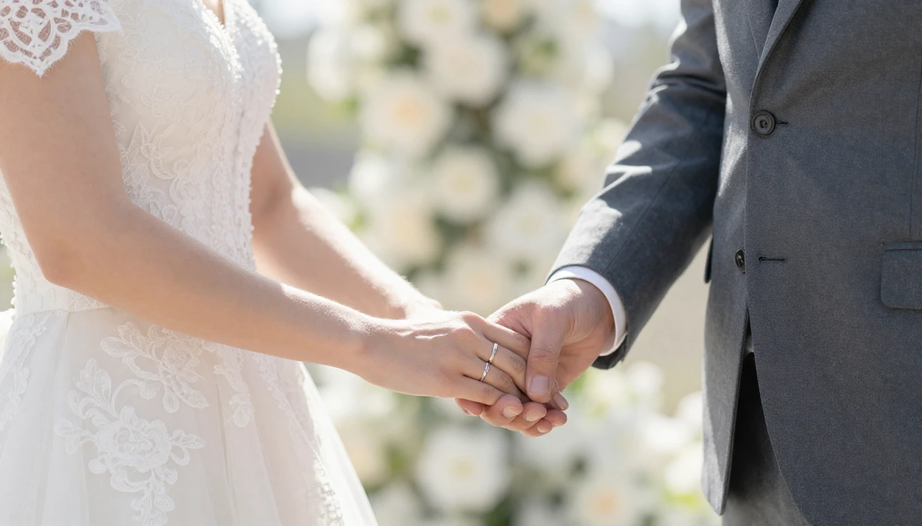 Close-up of a bride and groom holding hands, wedding rings v...