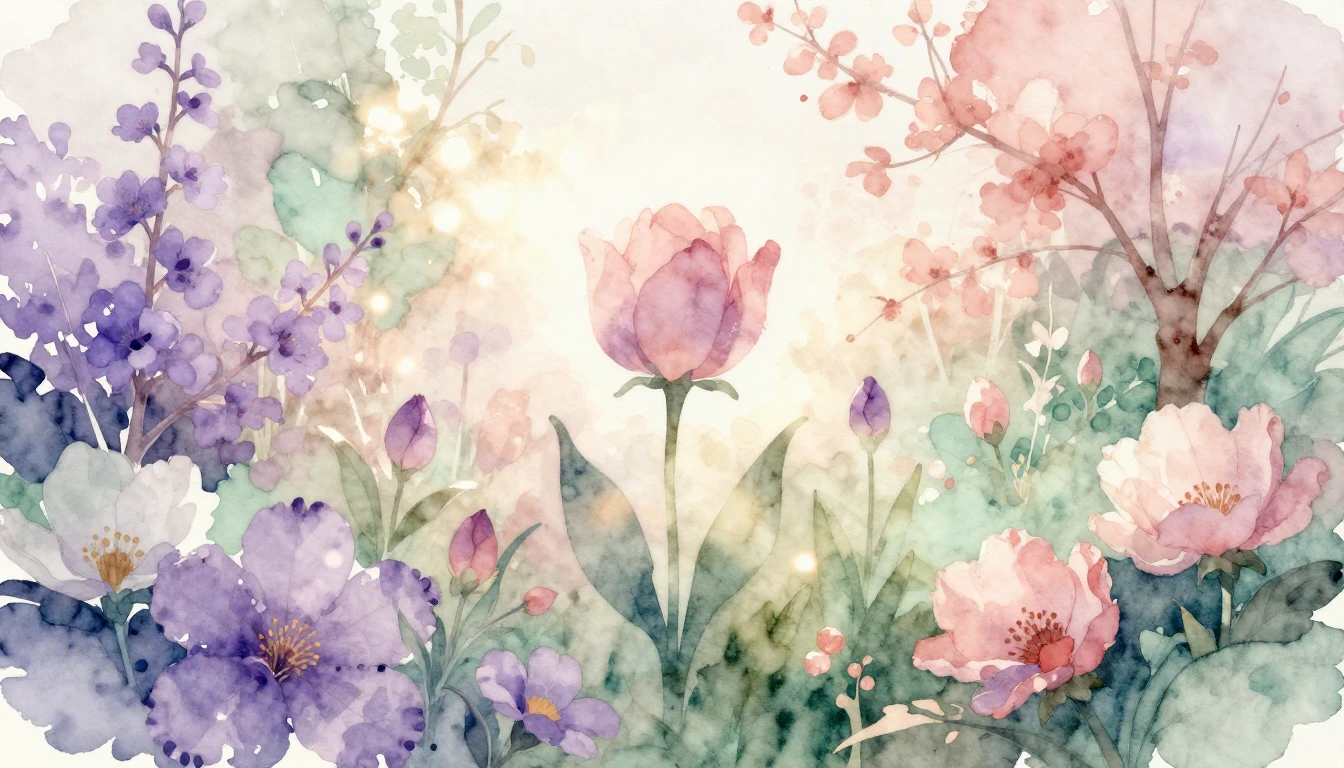 A beautiful watercolor painting of a diverse garden in full ...