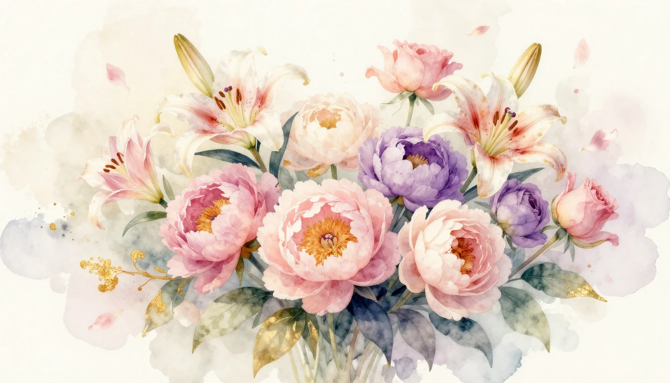 A beautiful watercolor painting of a diverse bouquet of spri...