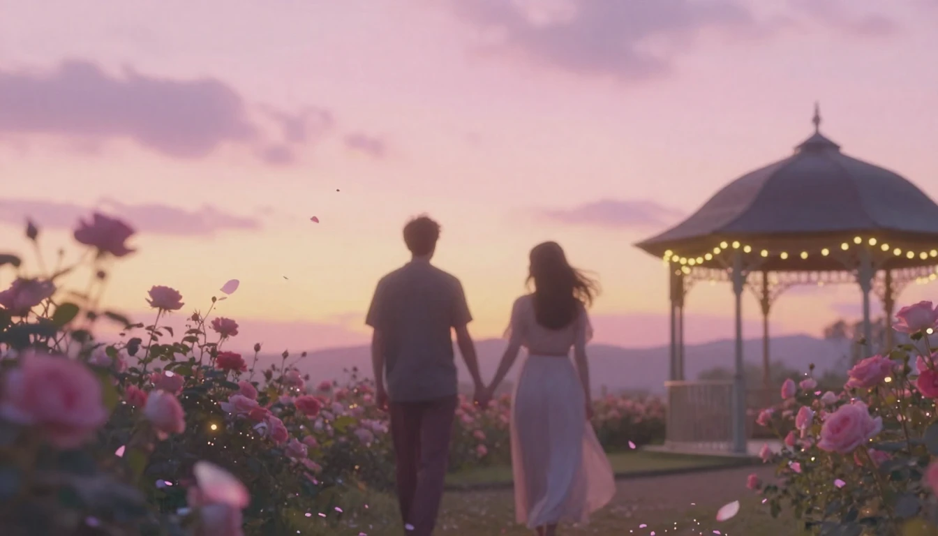 A dreamy and ethereal scene of two silhouettes walking hand-...