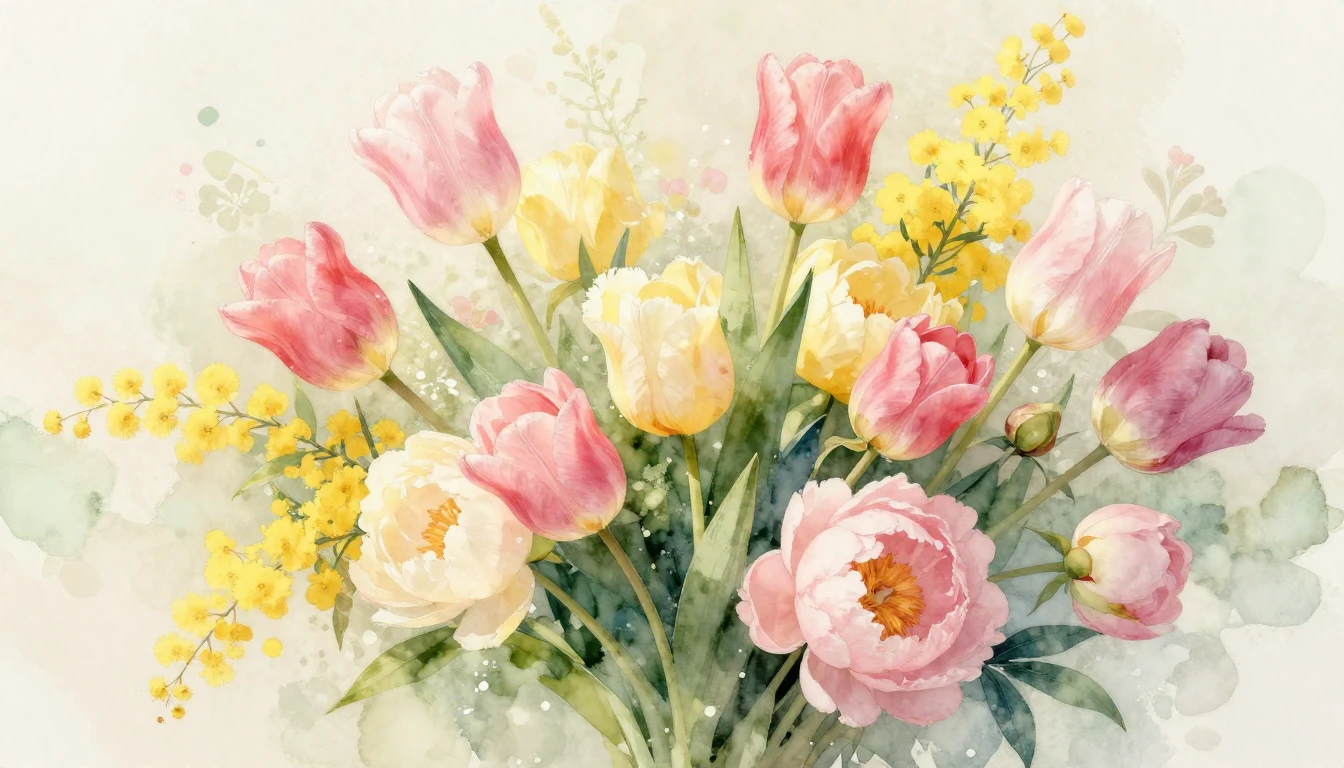 A beautiful watercolor painting of a lush bouquet of spring ...