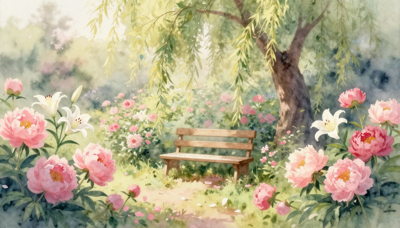 A soft and delicate watercolor painting of a blooming garden...